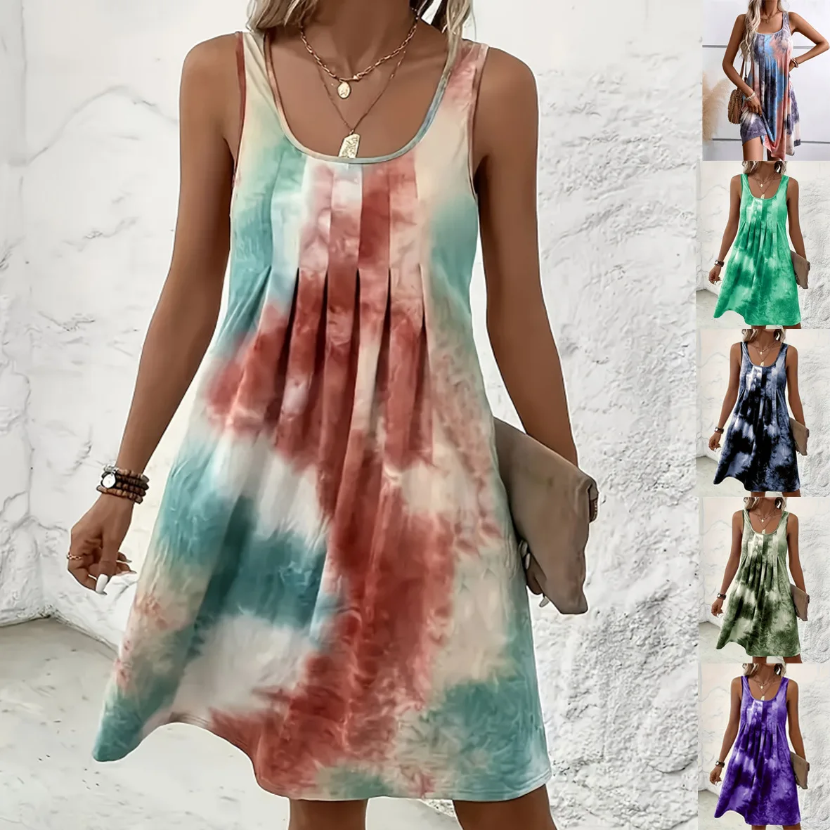 

2025 Women's Tie-Dye Sleeveless Dress Summer Fashion Print Vest Mini Dress Casual Daily Wear Blouse Dress Clothes Womens Fashion
