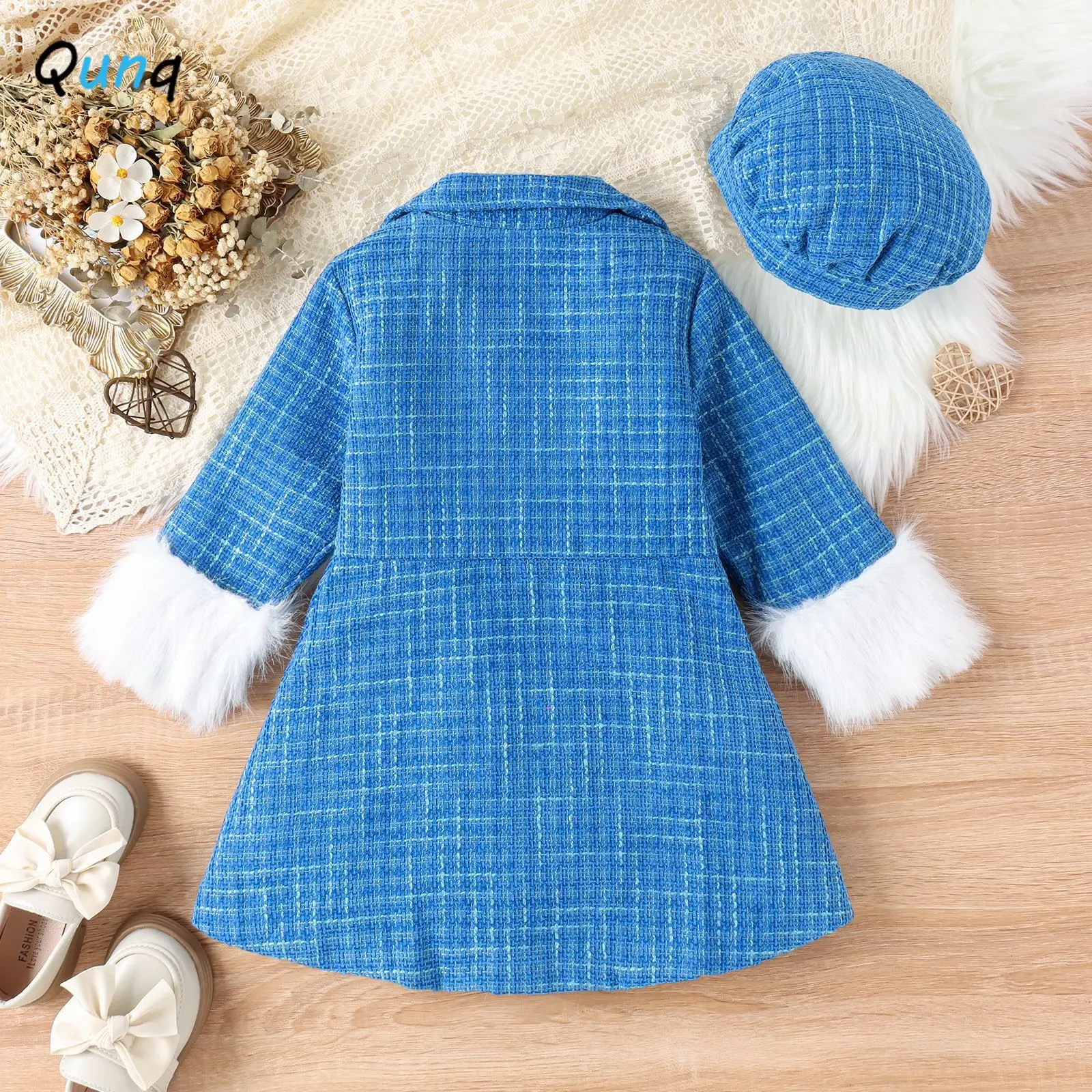 Qunq 2023 Autumn New Girls Striped Single Breasted Patchwork Tweed Trench Coat + Cap 2 Pieces Set Casual Kids Clothes Age 3T-8T