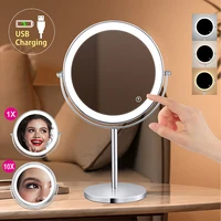 Espejo de maquillaje LED con aumento de 8 pulgadas y 10X, con Interruptor táctil de luz de 3 colores, espejo cosmético de tocador de escritorio con carga USB de doble cara
