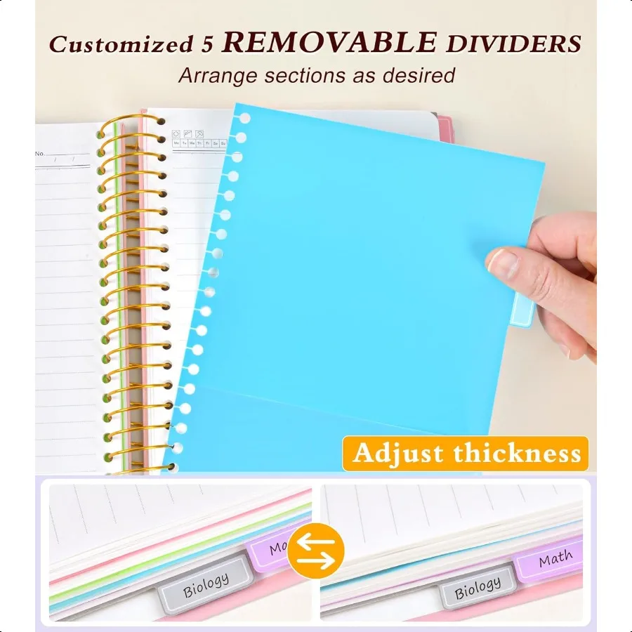 5 موضوع دفتر كلية مسطرة A5 دفتر دوامة بغلاف مقوى مع علامات تبويب فواصل الجيب القابلة للإزالة 240 صفحة رحلة حلزونية مبطنة