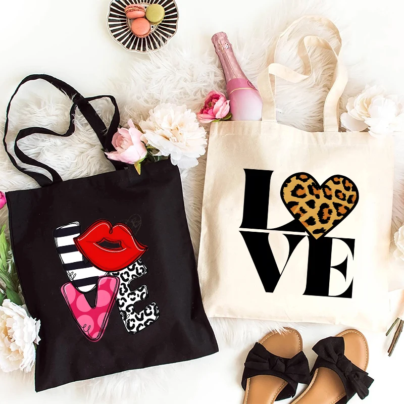 Women Handbags Leopard Love Heart Canvas Bag Funny Handbag for Teen Fashion Harajuku Tote Bag Design Brand Side Bag for Ladies