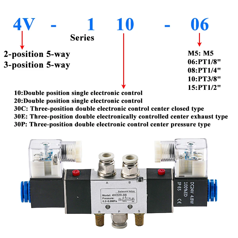 Pneumatisches Steuermagnetventil 5-Wege 2-Positionen 5-Wege 3-Positionen 10 Stück 4V-Serie 220/210/230/330/310 Spule 220V/24V/110V/12V – Detail 2