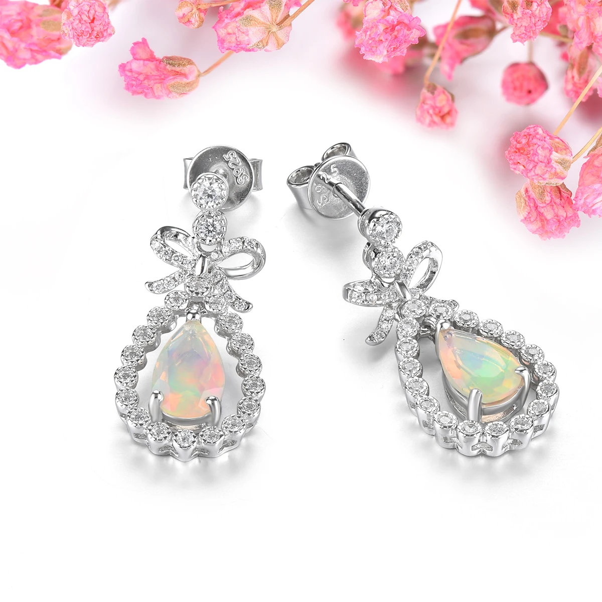 Natural Opal Sterling Silver Stud Earring Rhodium Plated Fine Jewelrys 1.1 Carats Genuine Gemstone Sweet Lovely Design Lady Gift