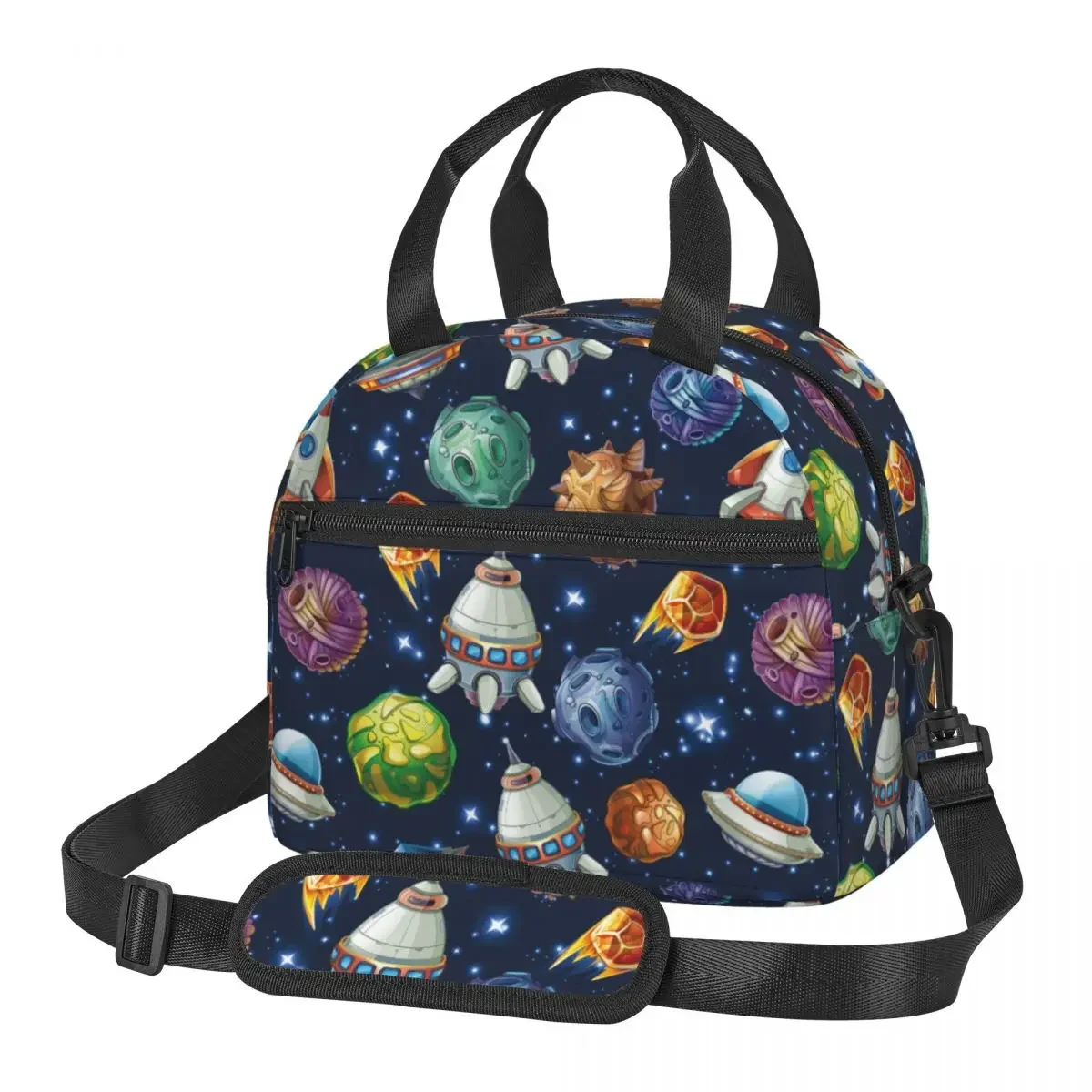 Comic Space Planets Merch Large Insulated Lunch Bag With Adjustable Shoulder Strap Spaceships Rocket Cooler Thermal Lunch Boxes