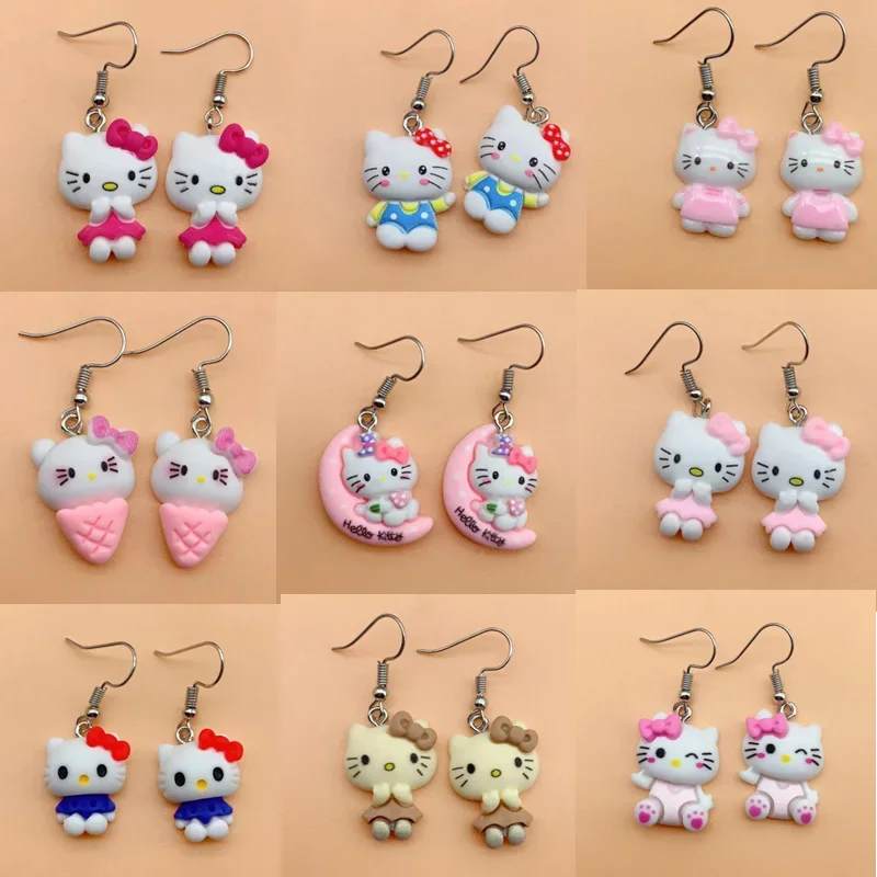 1pair Kawaii Cute Hello Kitty Cartoon Cat Dangle Earrings for Girl Women Heart Shape Resin Earring for Best Friends Jewelry Gift