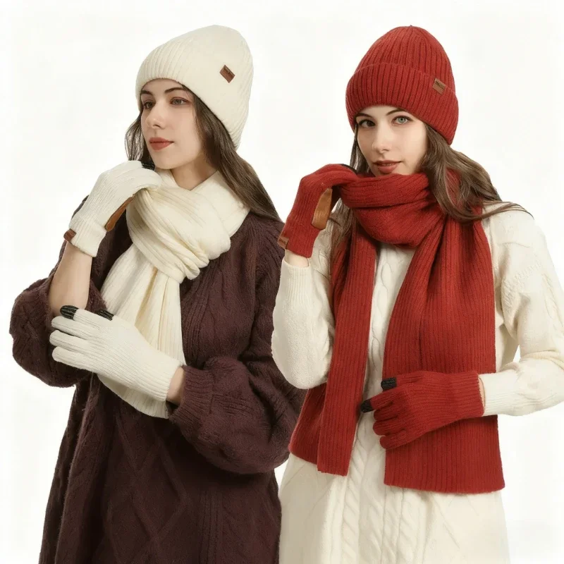 plush-hat-windproof-adult-three-piece-set-winter-knit-hat-and-scarf-for-women-fashion-warm-glove-leather-anti-slip-3-piece-set