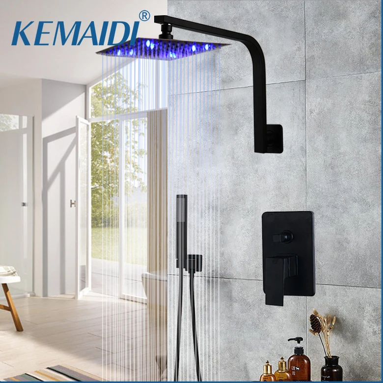 

KEMAIDI Matte Black LED Light Shower Faucet Set, Rainfall Shower Head with Handheld Sprayer Bathroom LED Shower System Mixer Tap