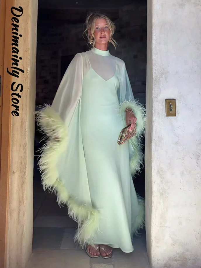 Elegant Women's Feather Spliced Mesh Shawl Dress Slim V Neck Sleeveless Sling Long Solid Dresses 2026 Lady Wedding Party Robes
