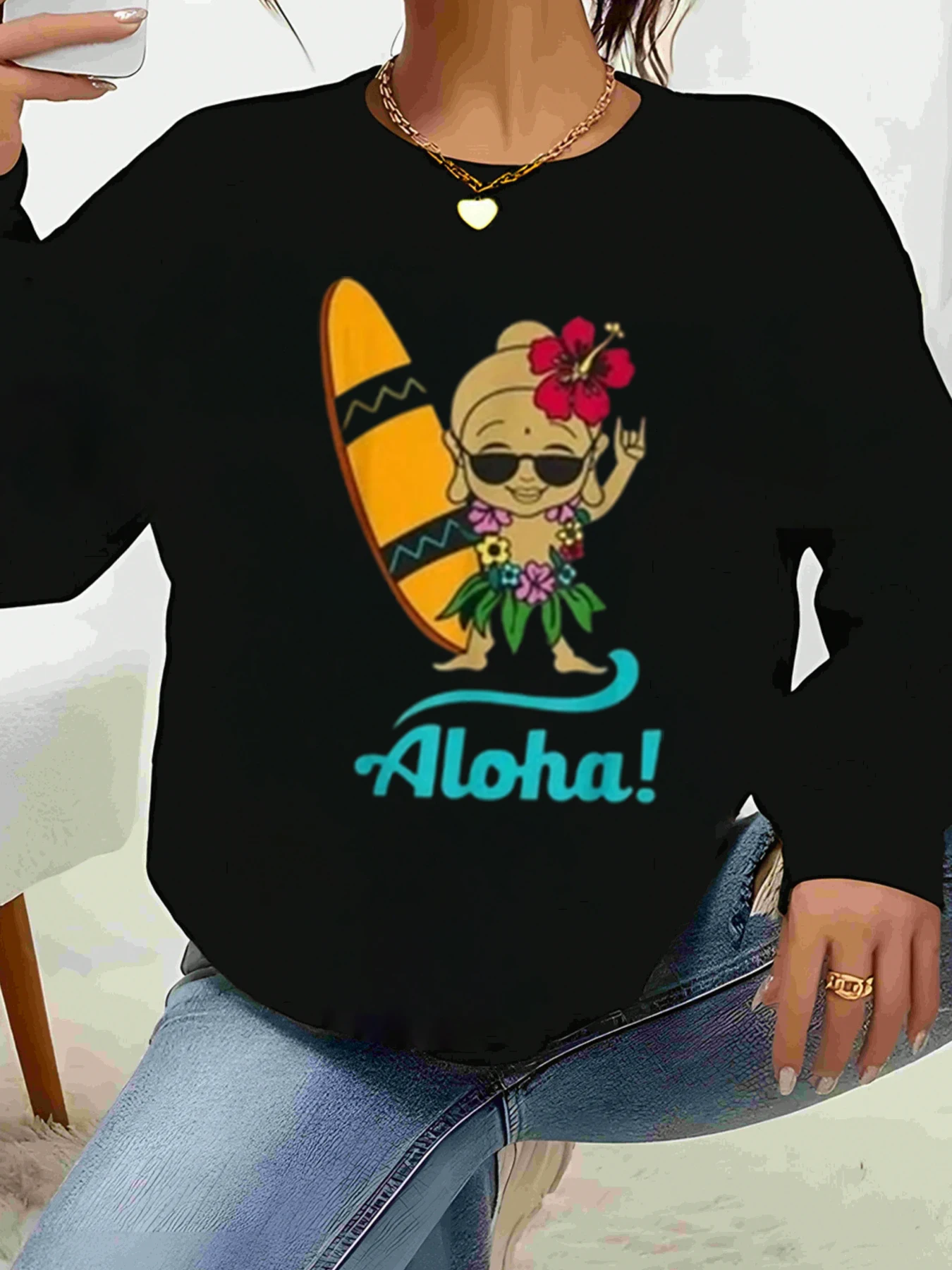 

Aloha Surf Girl Топ с длинными рукавами и принтом для летнего пляжного отдыха Женская повседневная одежда