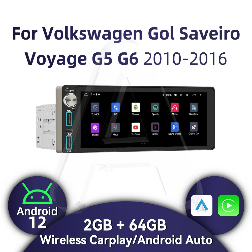 Carplay Autoradio 6,86 "pantalla 1Din Radio Android Multimedia para VW Volkswagen Gol Saveiro Voyage G5 G6 2010-2016