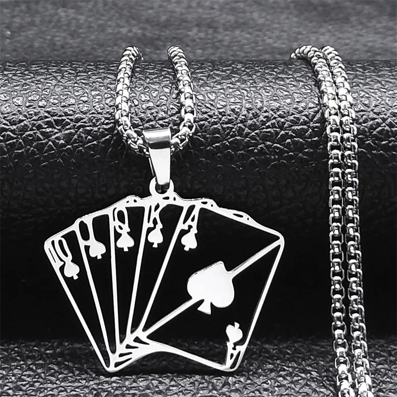 Lucky Ace of Spades Poker 10 J Q K A Necklace Stainless Steel Card Casino Fortune Playing Cards Necklace Jewelry collier6106