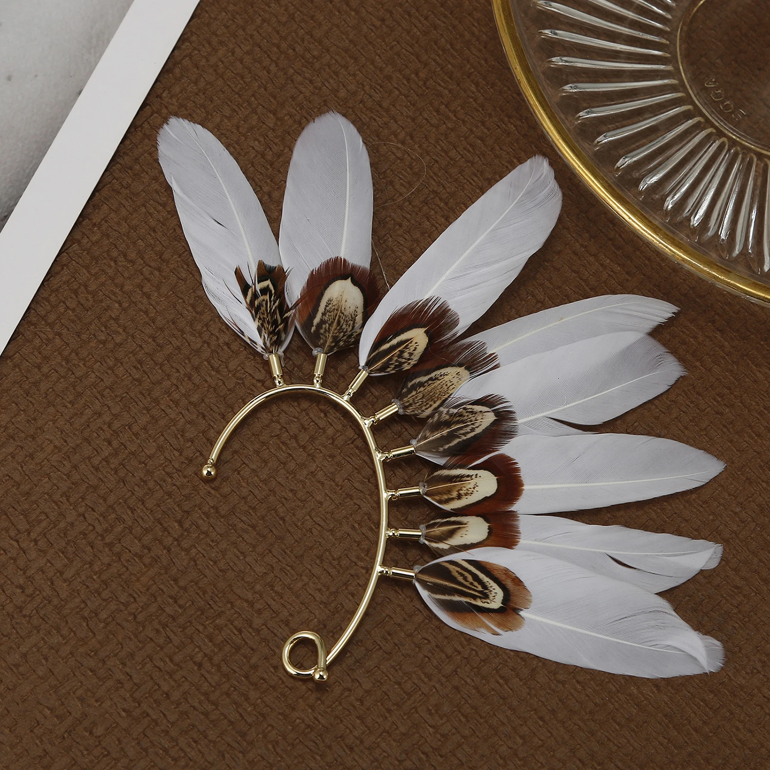Single Golden Feather Ear Wrap - Vintage Bohemian Style Jewelry - Handcrafted Copper Silver Plated, Adjustable & Dazzling, Perfe