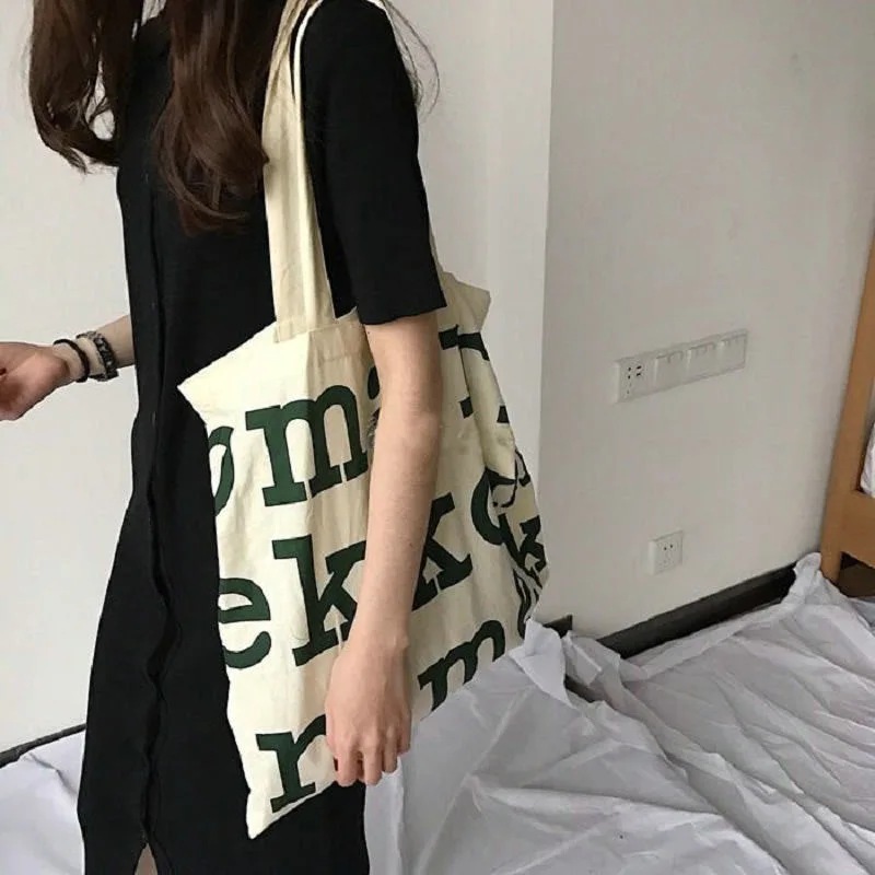 ผู้หญิงตัวอักษรผ้าใบกระเป๋าสะพายข้างสตรี Casual Letter พิมพ์ Tote กระเป๋าถือขนาดใหญ่ความจุผ้าฝ้ายช้อปปิ้งกระเป๋า