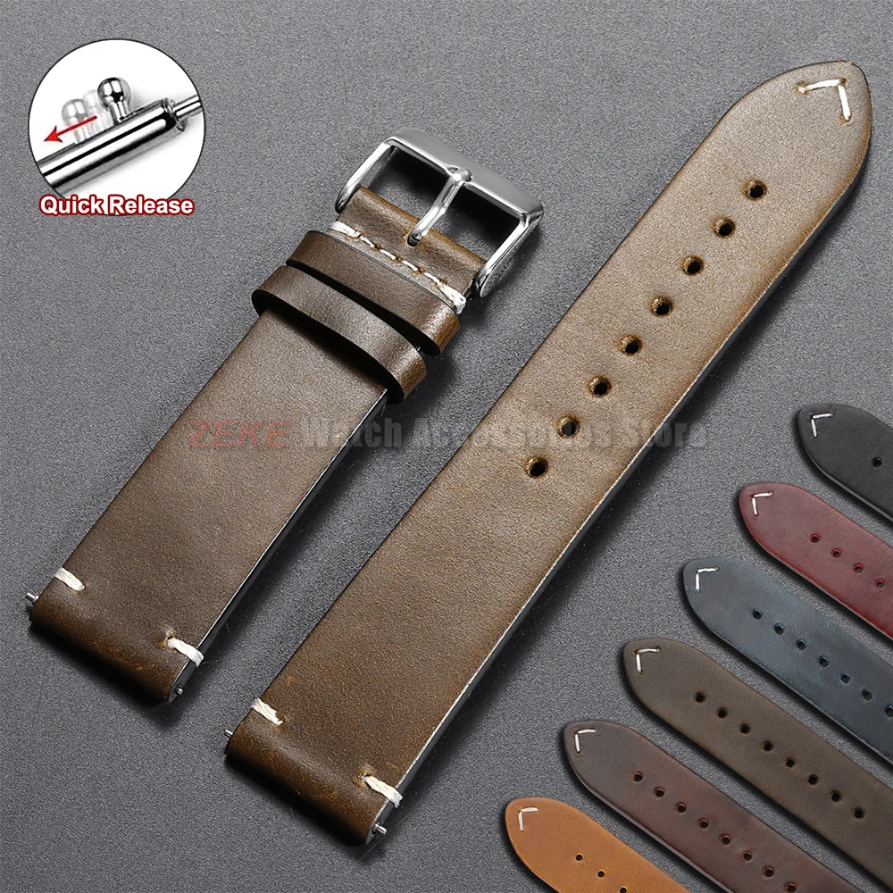 Bracelet de montre en cuir huilé vintage 18mm 20mm 22mm pour montre Seiko, bracelet universel en cuir de vachette 19mm 21mm 24mm pour Omega