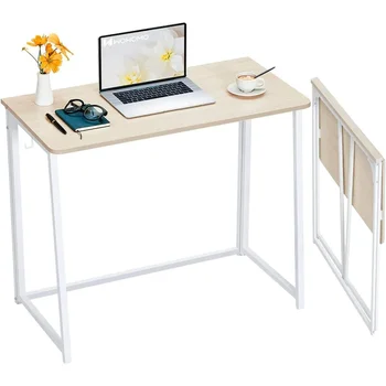 Image Folding Desk, Small Foldable Desk for Small Spaces, Space Saving Computer Table Writing Workstation for Home, Easy Assembly