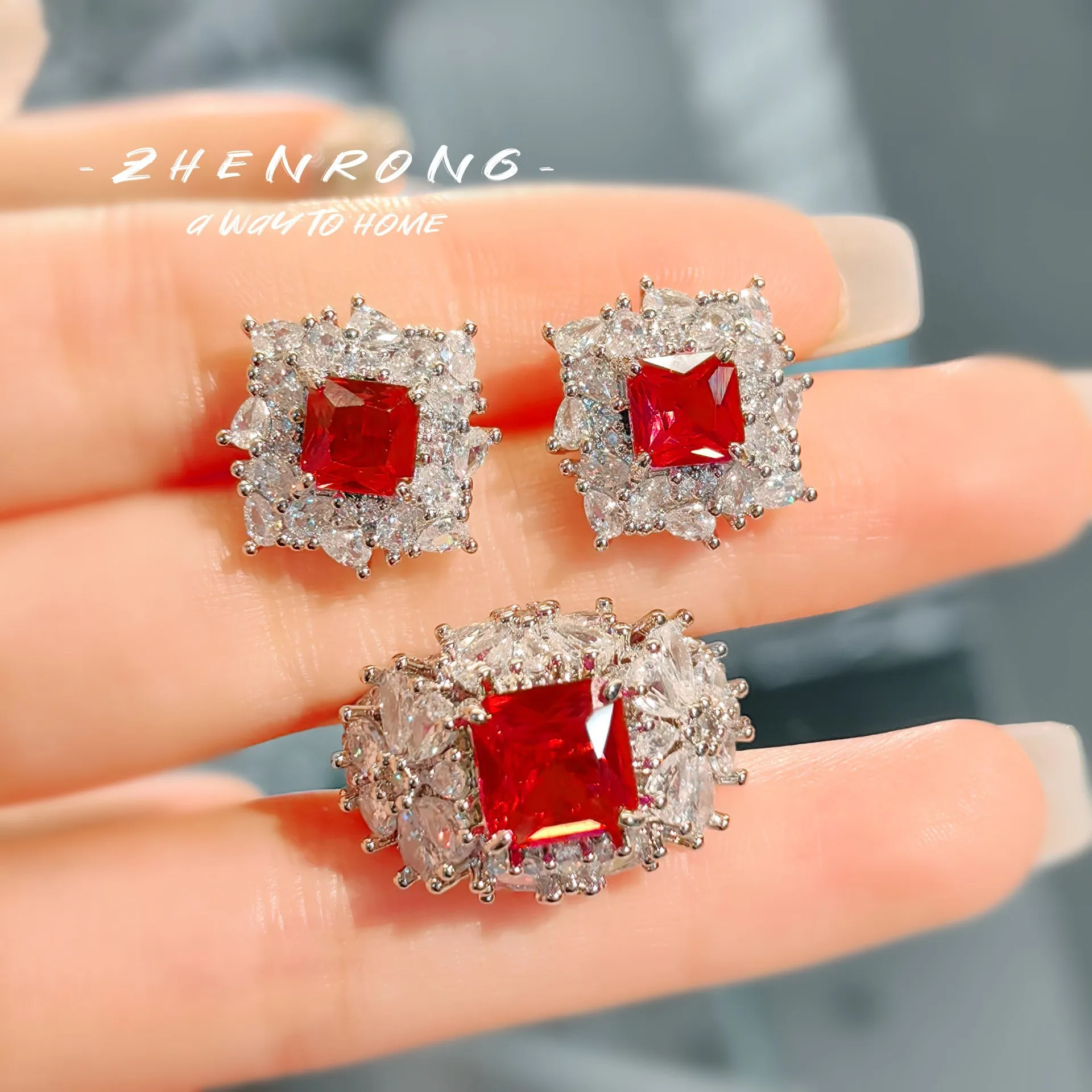 4pcs/set Lab Ruby 925 Silver Color Jewelry Set Women Princess Cut Cubic Zirconia Wedding Engagement Bridal Ring Earring Necklace