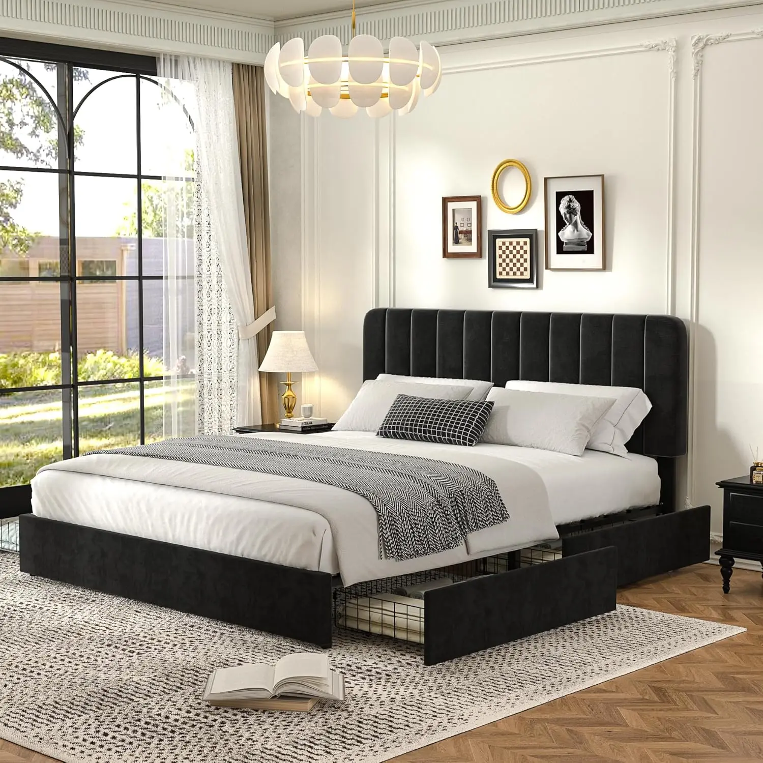 Full Size Upholstered Bed Frame with 4 Drawers and Adjustable Headboard, Velvet Platform Storage Mattress