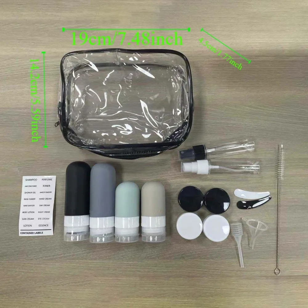 17 unids/set de dispensador de viaje de silicona recargable, diseño vacío en forma de bola, Kit de botellas de líquido para apretar, etiqueta en inglés a prueba de fugas