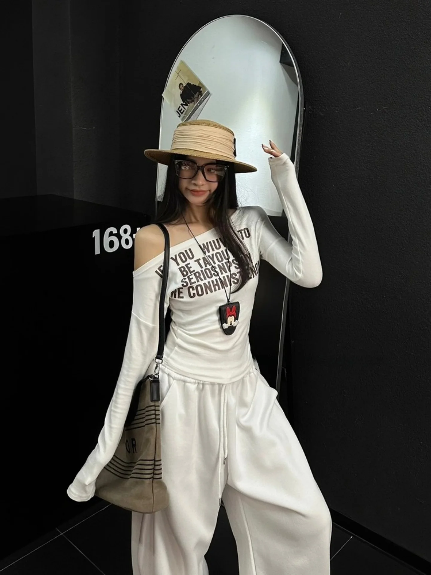 American Hot Girl Sle Long Sve Asymmetrisches Oulder-T-Shirt für Damen, 2025, neuer Frühling und Herbst, Slim-Fit-Basis, irt-Top, Desi...