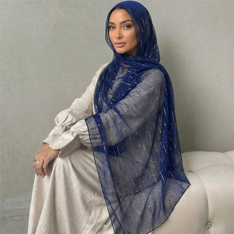 2025 Abaya Women Veil Gold Solid Color Muslim Head Scarf Shawls and Wraps Glitter Pashmina Bandana Female Foulard Hijab