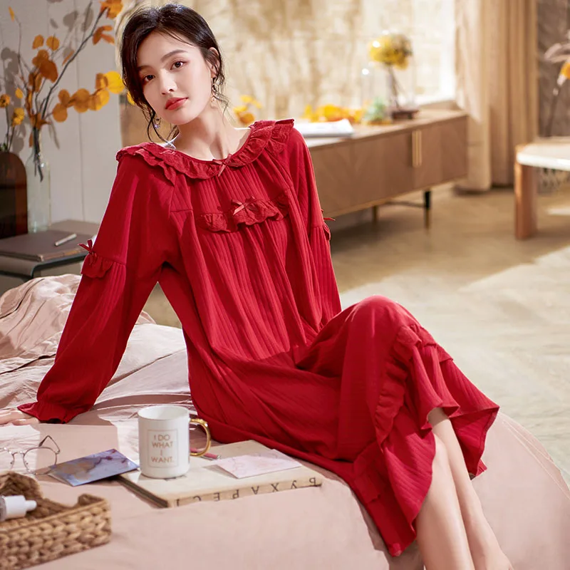 

2024 Autumn Lace Princess Night Dress Women Nightgown M-3XL Sleepshirts Long-sleeves Nightie Nightdress Cotton Sleepwear