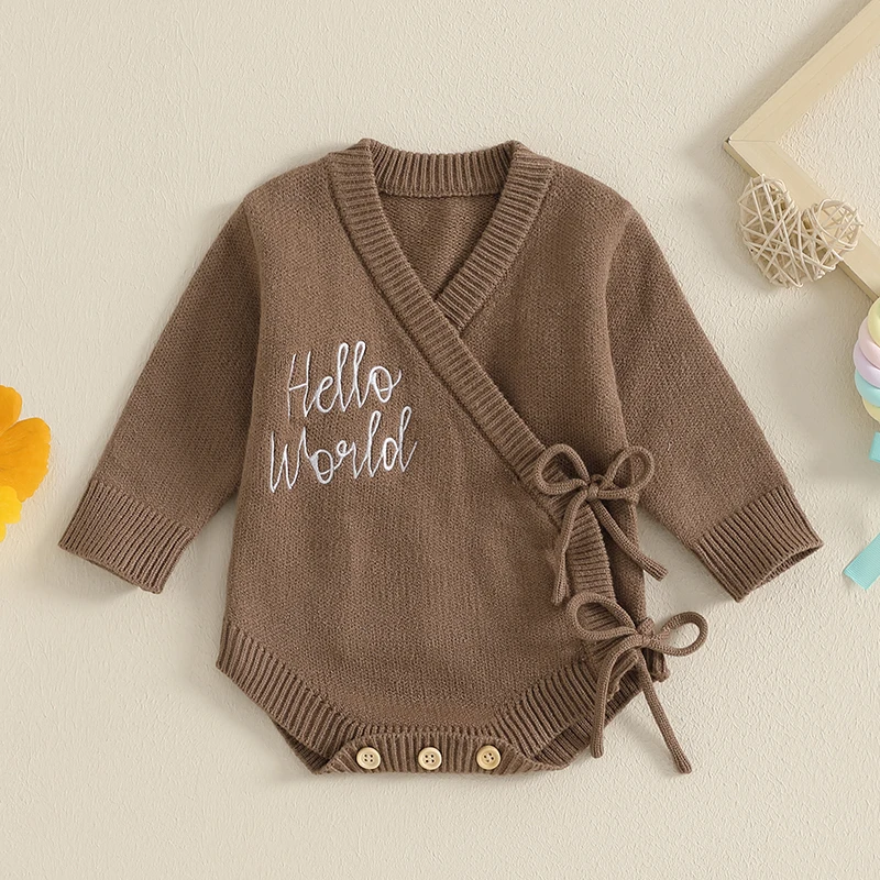 Baby Girls Boys Sweater Rompers Letter Embroidery V-Neck Long Sleeve Side Tie-Up Toddler Fall Bodysuits Jumpsuits