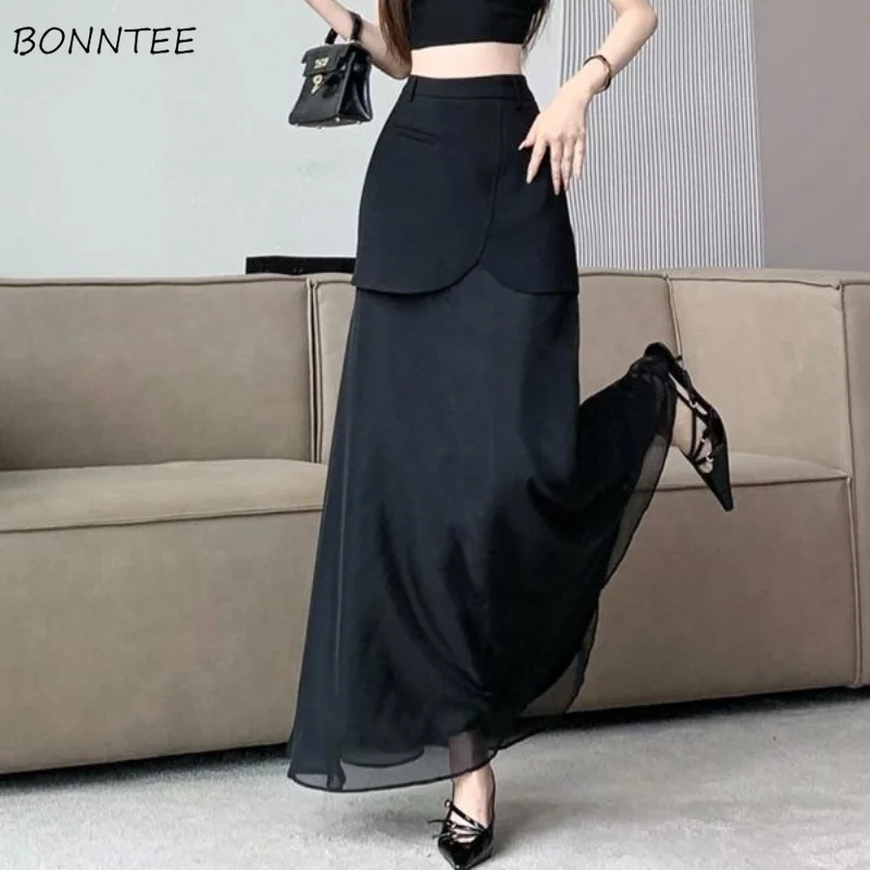 A-line Midi Skirts Women Mesh Patchwork New Design All-match Temper Ulzzang Summer Trendy Tender Attractive Ladies Streetwear