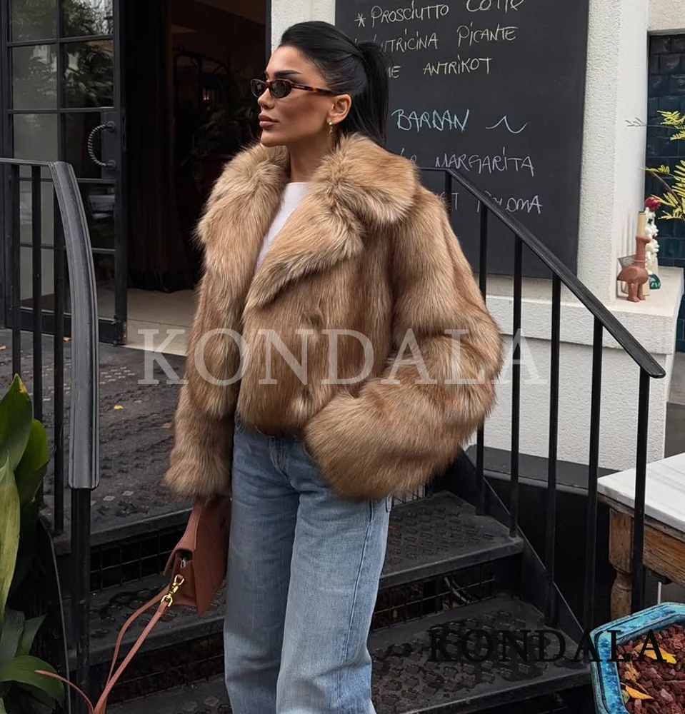 Kondala outono inverno jaqueta de pele streetwear lapela pele do falso casaco curto 2025 moda alta rua elegante chique jaqueta feminina