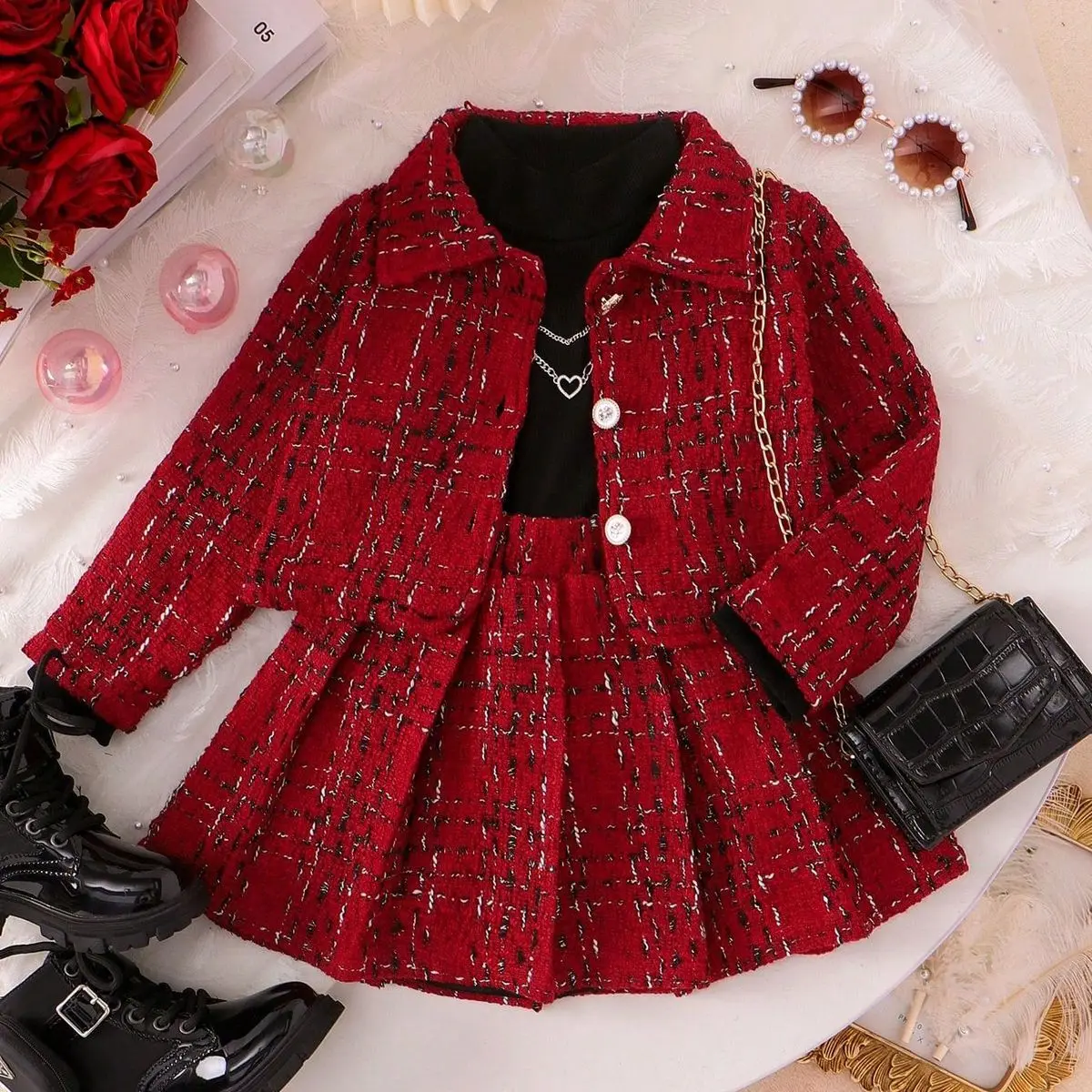 

Autumn and Winter New High Collar Long Sleeve Inner+Coat+pleated Short Skirt Girls' 3-Piece Set Children's Set