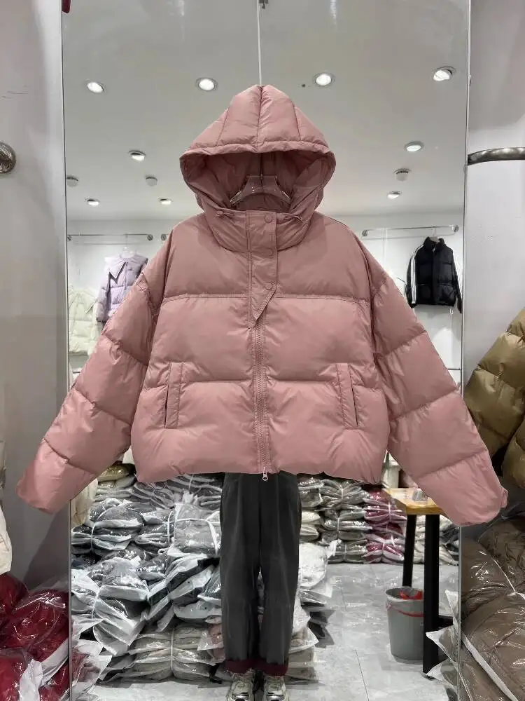 

Winter Short Down Jacket Women Long Sleeve Hooded High Waisted White Duck Down Coat Female Loose Casual Parkas Thick Outwear