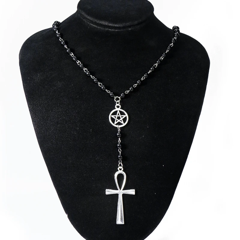 Ethnic Ankh Black Necklace Pentagram Egypt T Cross Pendant Beads Immortal Long Chain Permanent Witchcraft Collar Woman Jewelry