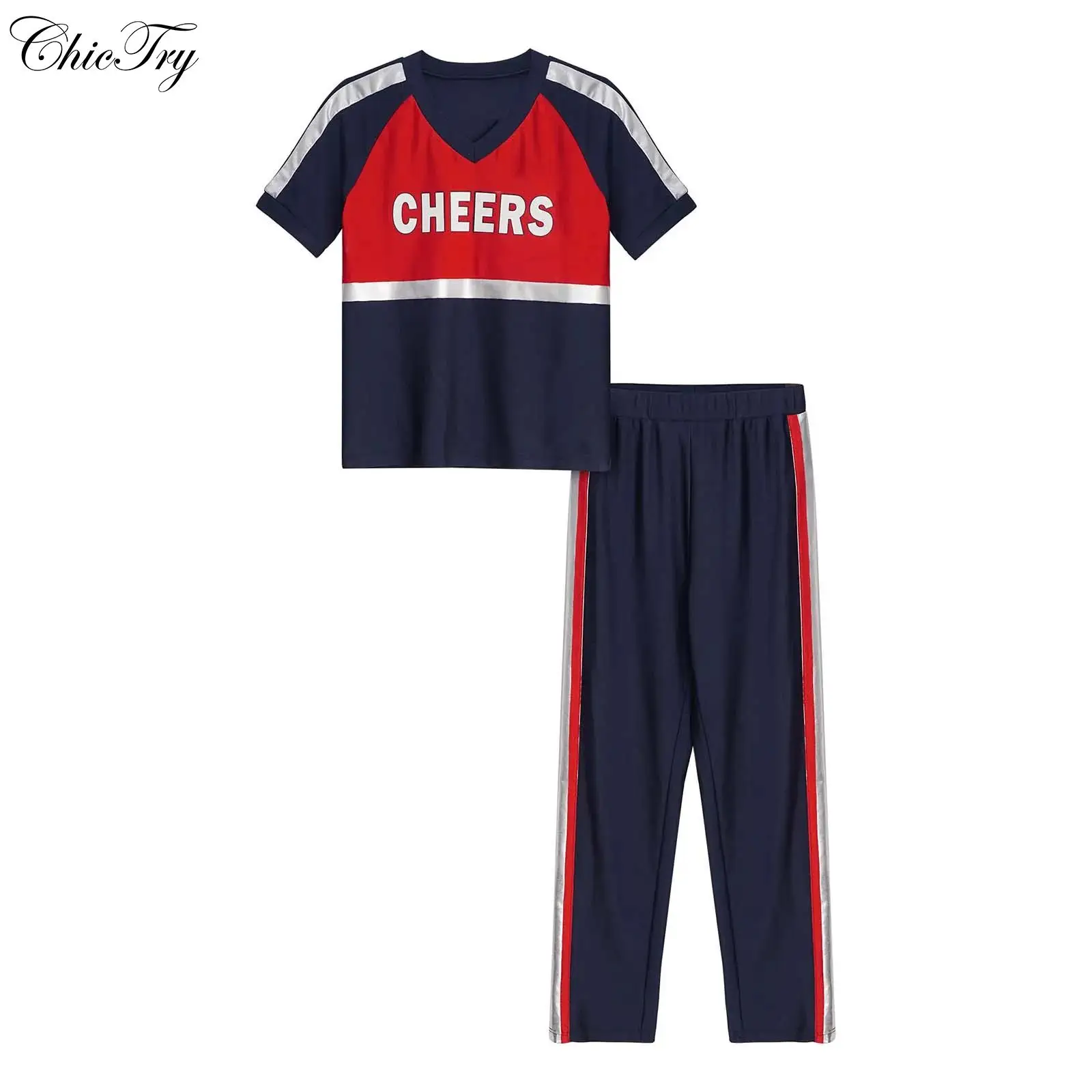 

Детская танцевальная форма черлидинга для мальчиков и девочек, футболка с короткими рукавами и буквенным принтом, металлическая лоскутная футболка с брюками для выступления на сцене