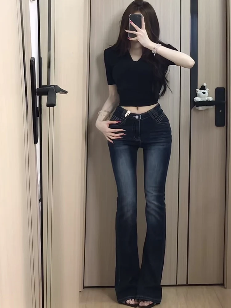 

Slimming High Waist Bell Bot Jeans Women's V ape Design Butt Lifting Long Leg Effect Cotton Stretch Denim Blue Color
