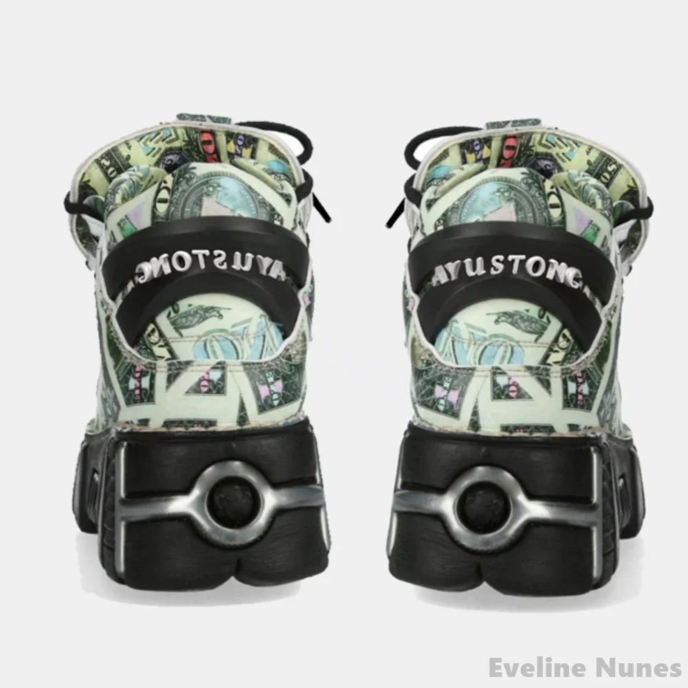 Printed Metal Rivet Punk Casual Shoes Women Round Toe Tank Sole Cross Tied Lace Up Ankle Boots Motorcycle Rock Shoes 2024 Newest