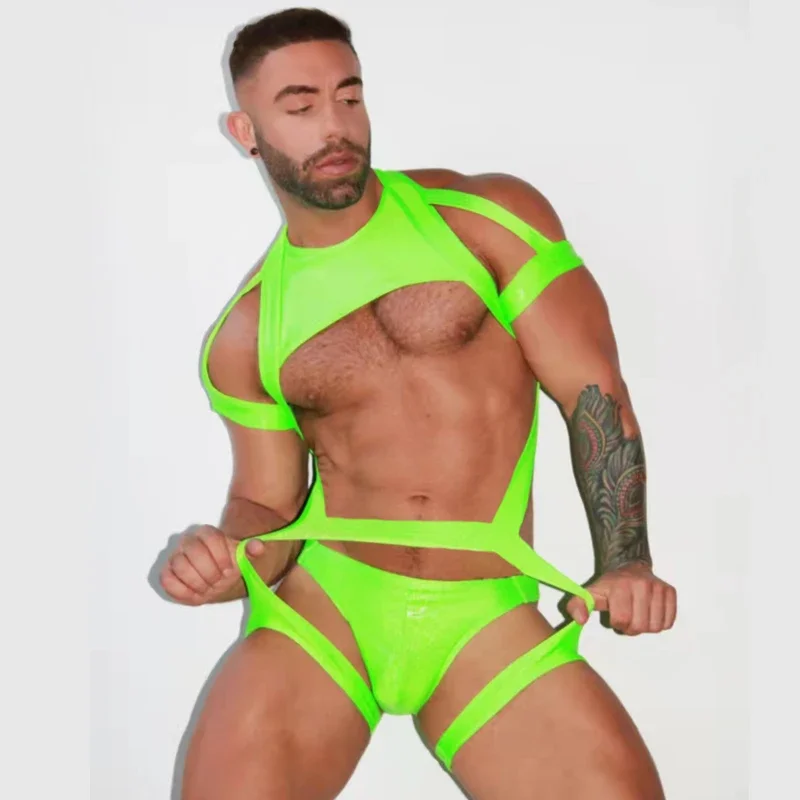 Gilet musle verde fluorescente da uomo con cinturino pettorale e cinghie per le gambe per spettacoli di pole dance, discoteca, bar, costume da solo Gogo