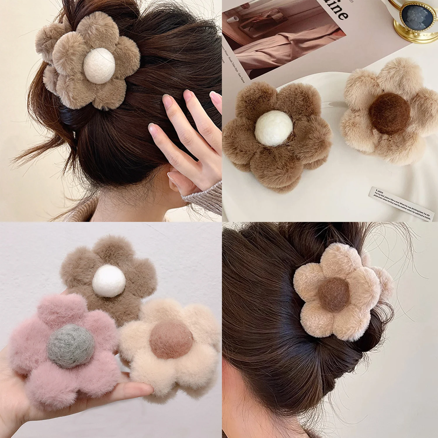 2024 Winter fuzzy flower hair clip claw for women Plush hairclip girl small fur claw clip cute red red crab hair pin accessories