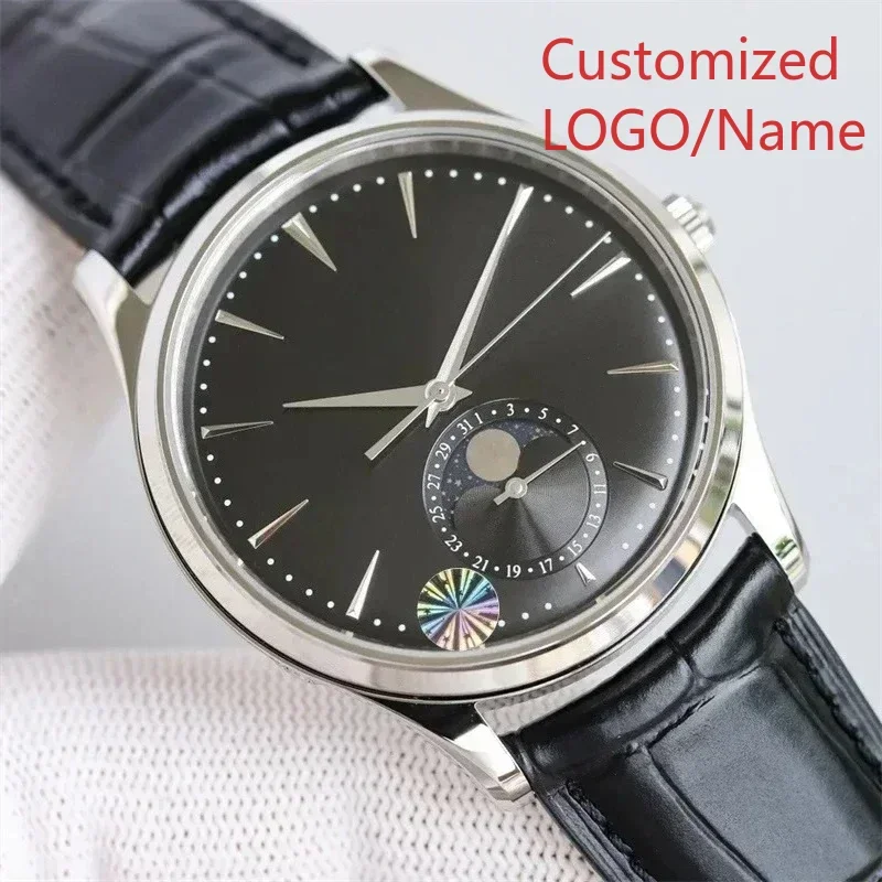 ساعة يد ميكانيكية أوتوماتيكية فاخرة للرجال من الفولاذ المقاوم للصدأ باللون الأسود والأزرق من الجلد MoonPhase ساعة يد رياضية مخصصة