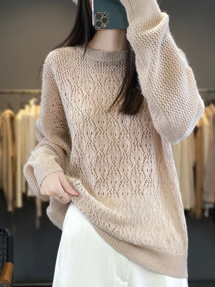 New Arrivals Hollow Out Women's Sweater 100% Merino Wool O-Neck Pullover Slim Fitting Knitted Jumper Lady Clothes Fashion Trends