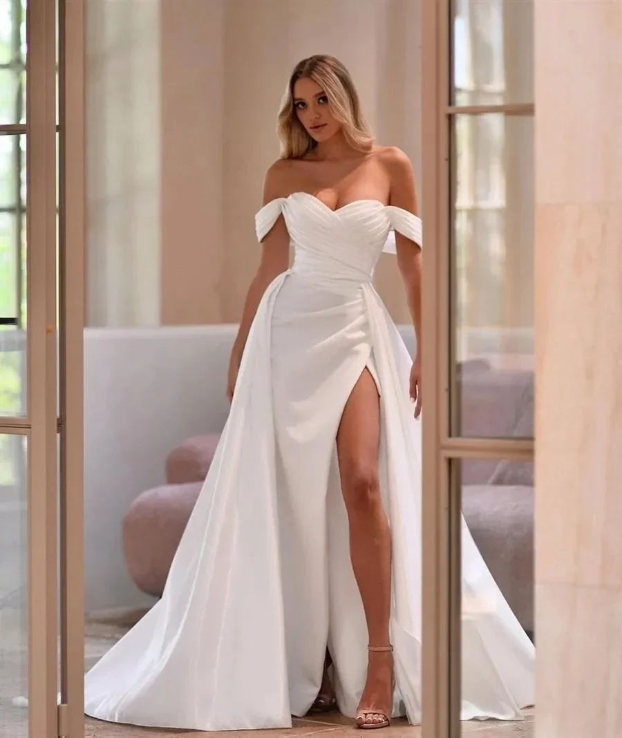 Abiti da sposa semplici svasati abiti da ballo a sirena con spacco laterale abiti da ballo per feste da spiaggia da sposa formale da donna Vestidos De Novia