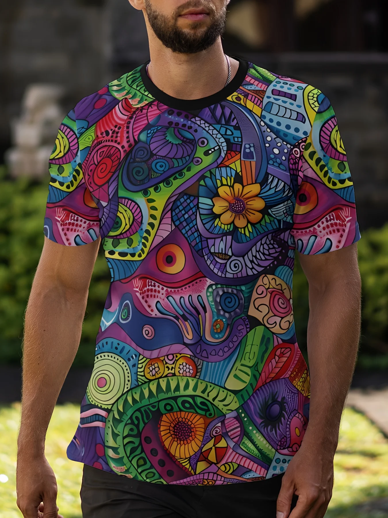 

Y2k Style Psychedelic Dazzle Floral Print-Lightweight Breathable Short Sleeve-Summer Tops-Men's Clothing-Oversized Clothing