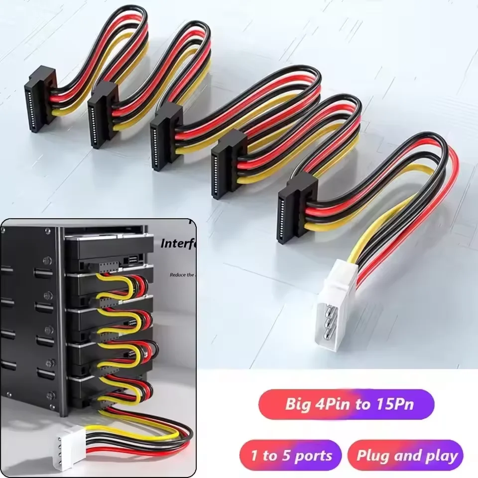 4 Pin IDE Molex to 15Pin Sata Power Adapter SATA 3.5/2.5inch 1 to 5 SATA Hard Drive Power Supply Splitter Connector Cable for PC