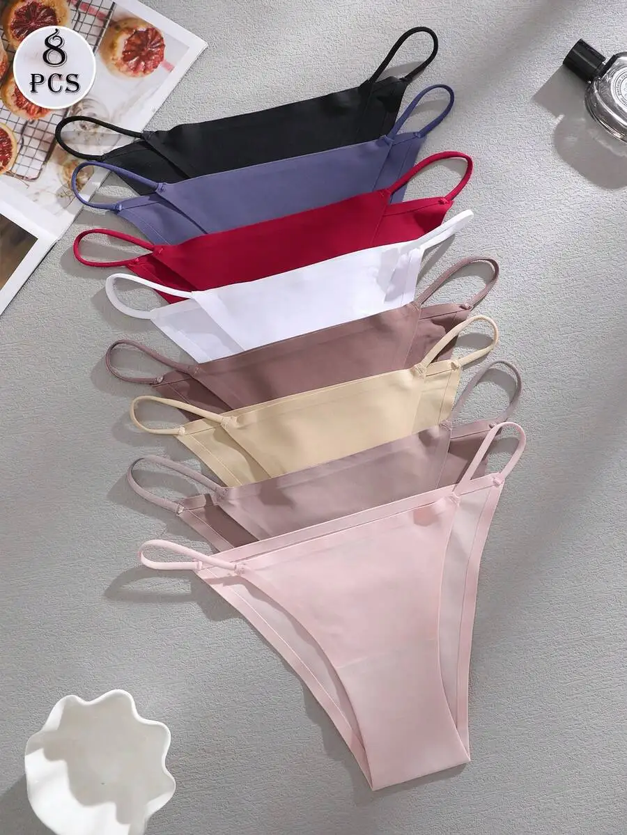 

8 Pcs Thin Strap Seamless Low Waist Womens Panties Solid Color