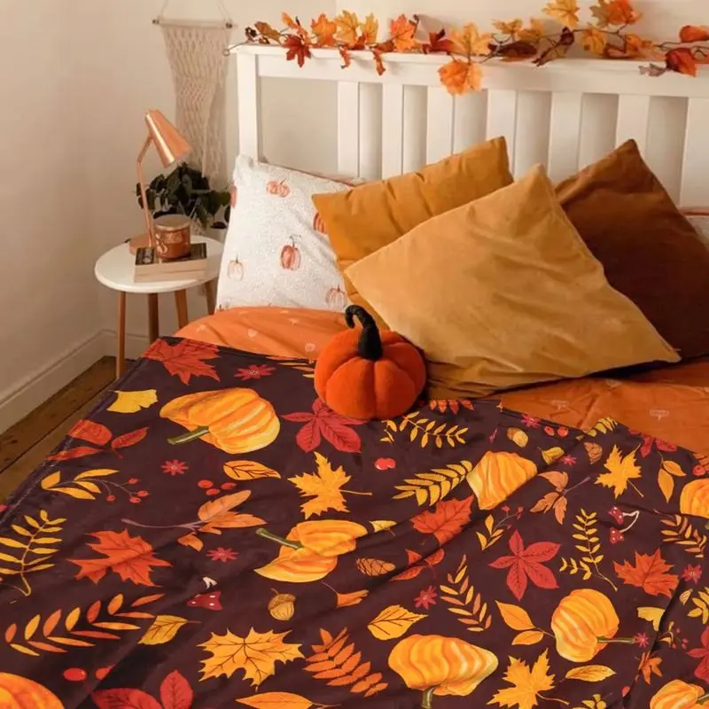 VIKAMA Autumn Throw Blanket Pumpkin Maple Leaf Mushroom Fern Soft Flannel Fleece Couch Blanket Cozy Holiday Home Decor
