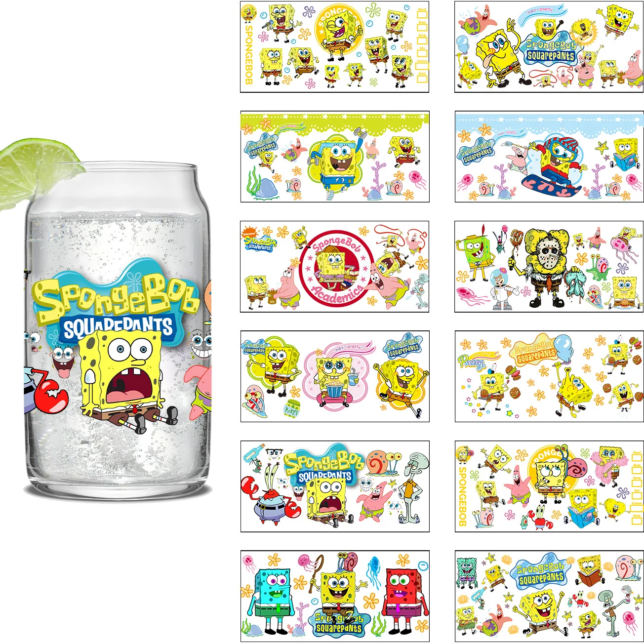 Miniso SpongeBob Easy peel waterproof DIY Decals 3D transfers uvdtf crystal stickers 16oz uv dtf tumbler cup wraps sticker