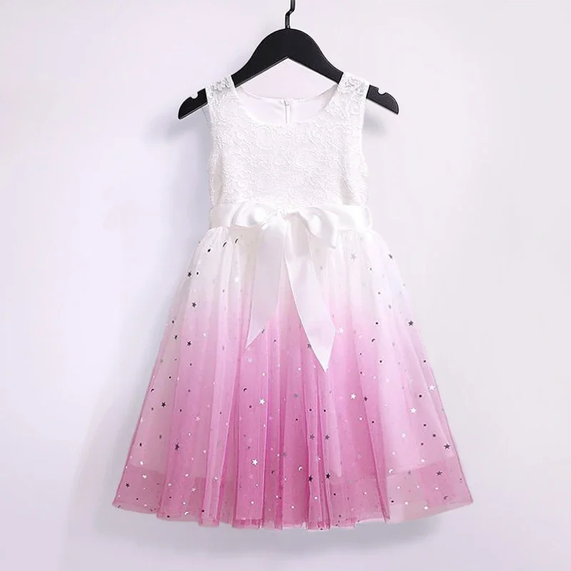 Dress for Kids 2024 New Summer Clothes for 2-8Y Children Clothing Pink Ombre Princess Casual Dress for Girls Birthday Party Wear