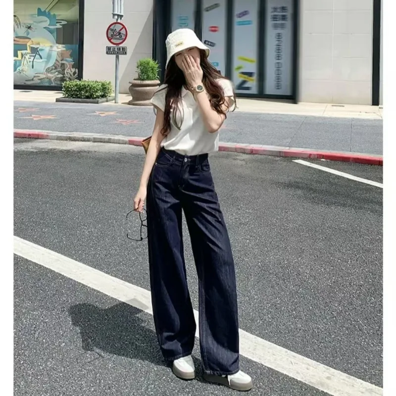 ارتفاع الخصر واسعة الساق الجينز الخريف التخسيس السراويل أزياء تنوعا التنقل بسيطة السراويل المستقيمة الضيقة