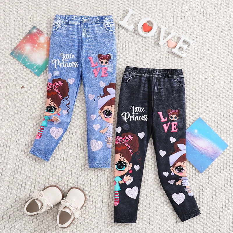 Girls\' 2pcs Cute Heart & Character Print Soft Knit Leggings - Mock Denim Style - Comfy Summer Outfit