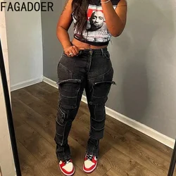 FAGADOER Black Vintage Fashion Skinny Denim Pants Women High Waist Button Zip Pocket Trousers Casual Female Elastic Jean Bottoms