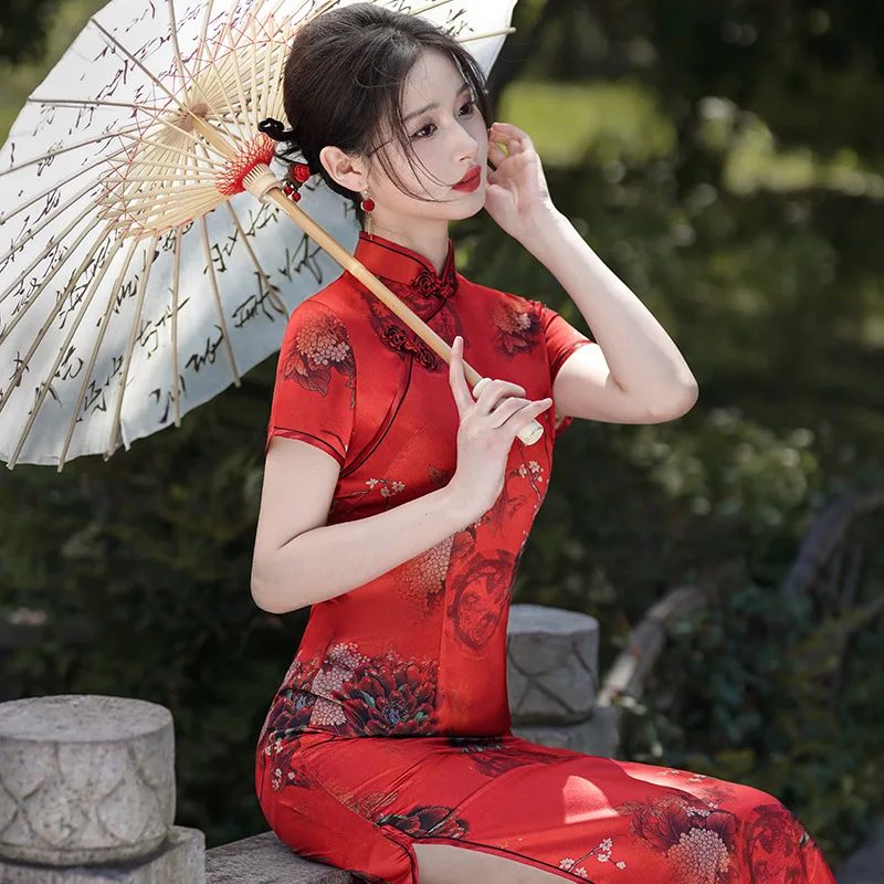 حجم كبير فستان صيني تقليدي طويل تشيباو مثير طباعة زهرة سليم سبليت شيونغسام الربيع الصيف قصيرة الأكمام Vestidos 5XL #3