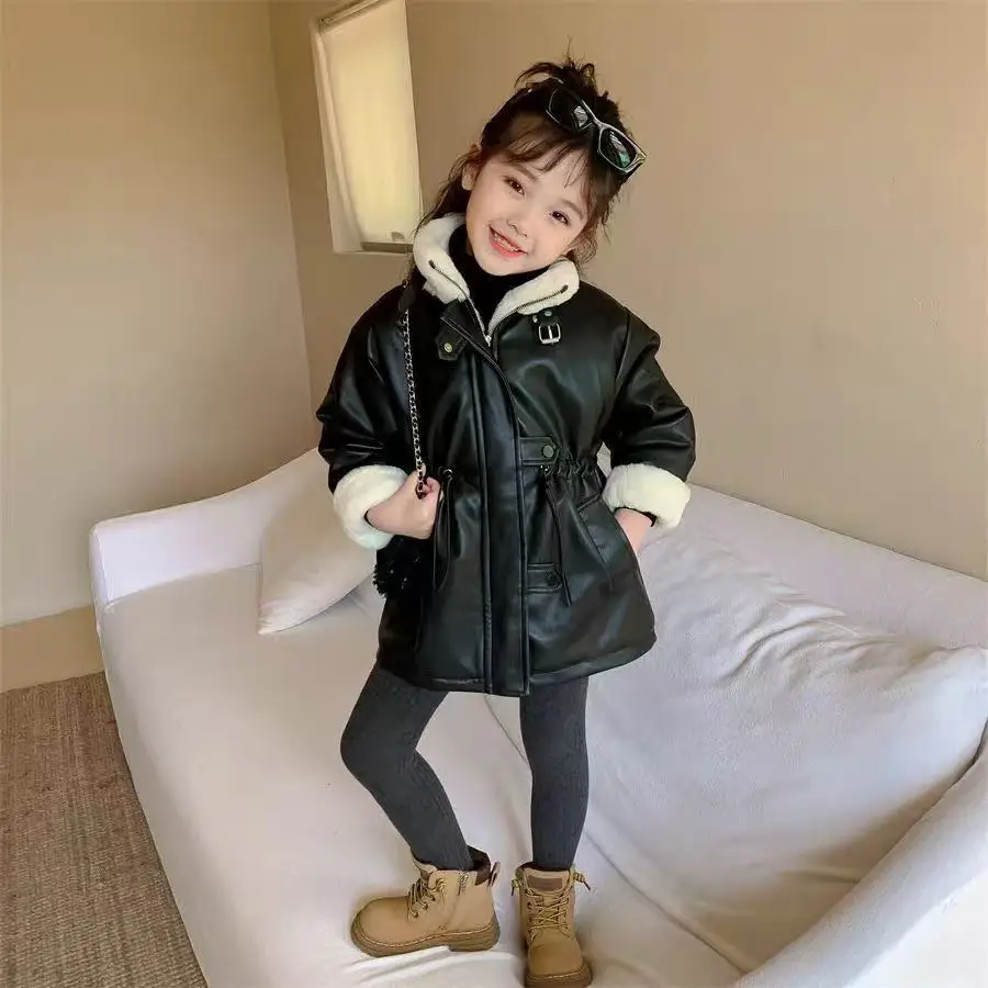 

2-9 Years Baby Girls' Winter Leather Jacket Fashion 2025 New Style Children's Thick Velvet Coat Kids Parka 90-150CM